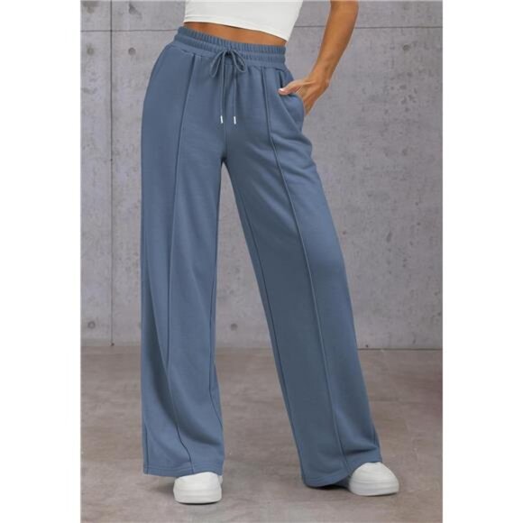 Womens Wide Leg Sweatpants High Waisted Blue - Picture 3 of 6